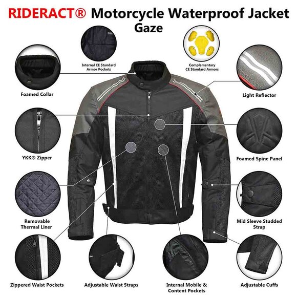 RIDERACT® Mens Black Motorcycle Jacket Weather-Adaptive Textile Riding Jacket - Picture 11 of 12